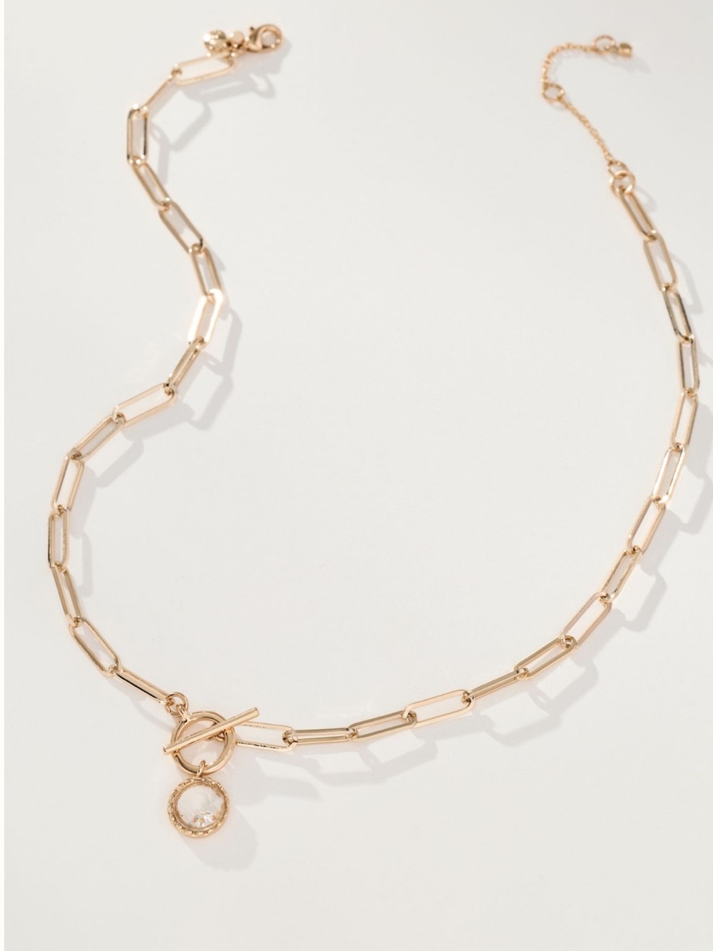 Anthropologie Gold Plated Pendant Necklace Clear Stone New 16” Link Chain